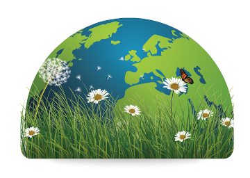 World with grass and flowers in front.