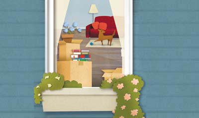 Window of home with boxes, books, plant, dog and couch inside.