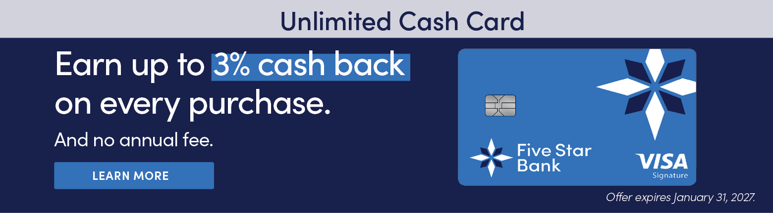 Unlimited Cash Card - Earn up to 3% cash back on every purchase. Click to learn more.