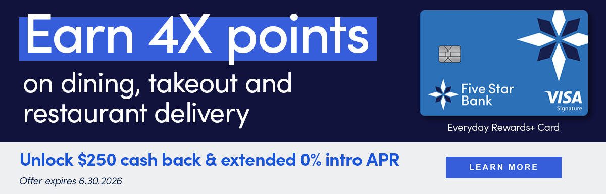 Everyday Rewards Credit Card Offer
Earn 4x points on dining, takeout and restaurant delivery.
Unlock $250 cash back & extended intro APR. Click to learn more.