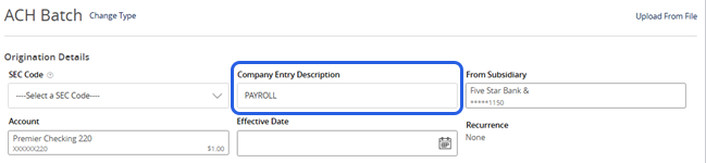 Screenshot of a payment template in Digital Banking.