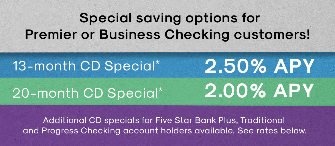 CD Specials* 13-month at 2.50% APY, 20-month at 2.00% APY Must have Premier or Buisness Checking