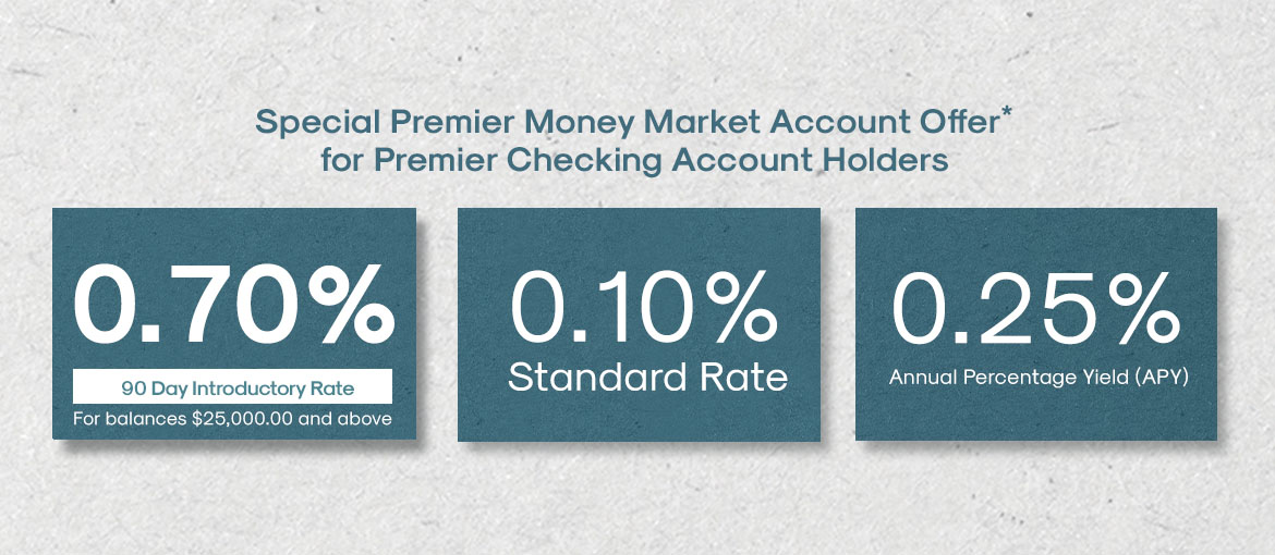 Special Premier Money Market Account Offer* for Premier Checking Account Holders. 1.07% 90 Day Introductory Rate for balances $25,000 and above. 0.10% Standard Rate. 0.25% Annual Percentage Yield (APY).