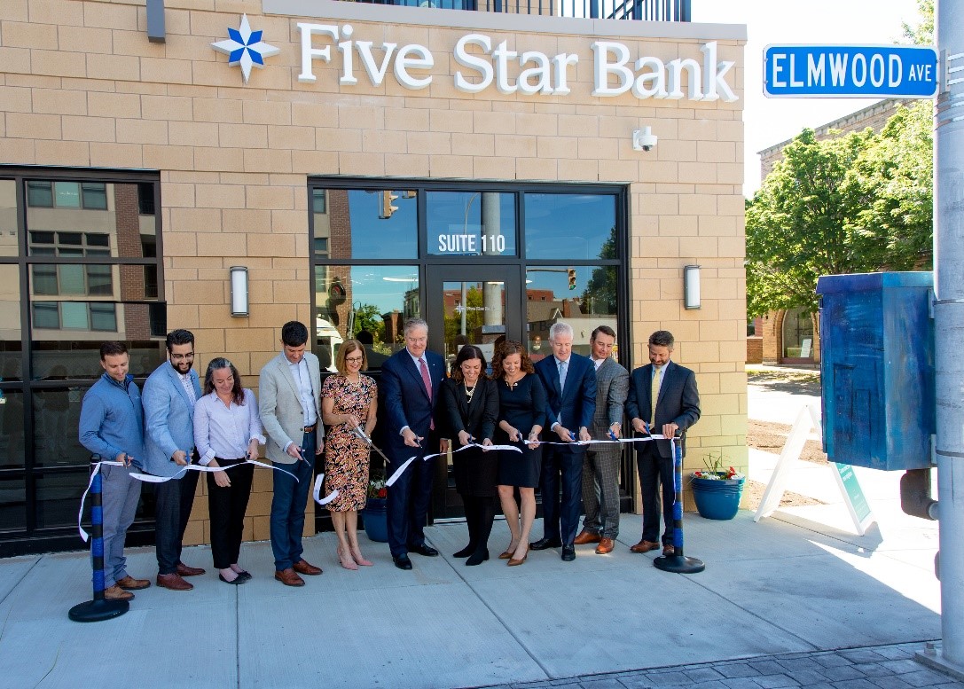 Five Star Bank at Elmwood Ave intersection in Buffalo. Group gathered for official ribbon cutting.