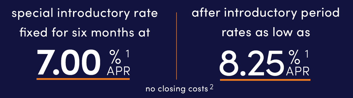 home equity special introductory rate 7.00% fixed for six months. after introductory rate 8.25%. no closing costs see disclosure for details.