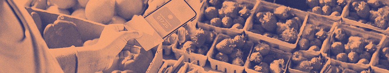 Person shopping for produce paying using their card and vendor's iPhone.