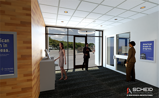 Rendering of Five Star Bank branch interior lobby at 55 North Main St. in Warsaw.